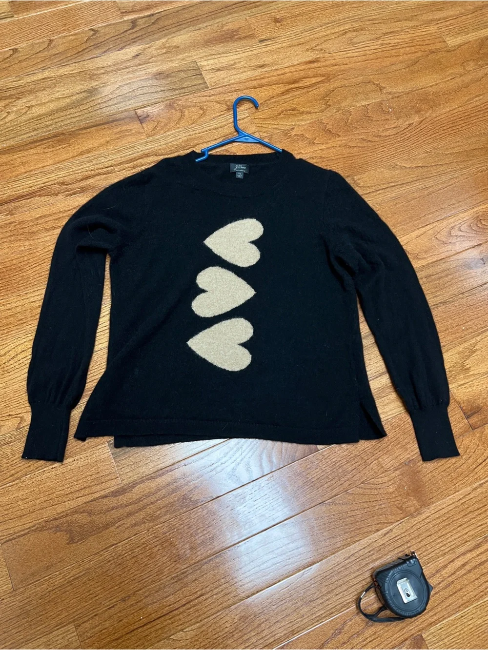 J Crew cashmere Black Sweater with Cream Heart Motif